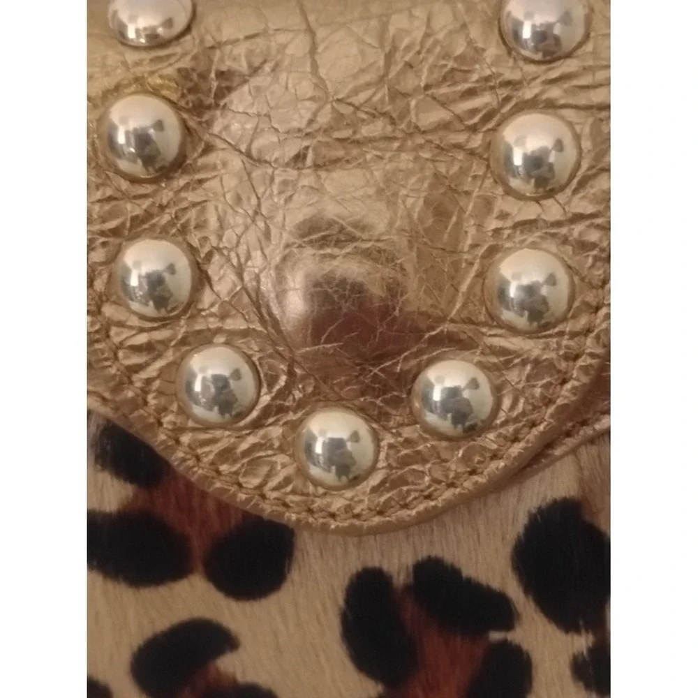 Caterina Lucchi Italy Leopard Calf Hair Metallic Gold Studded Chain Shoulder Bag